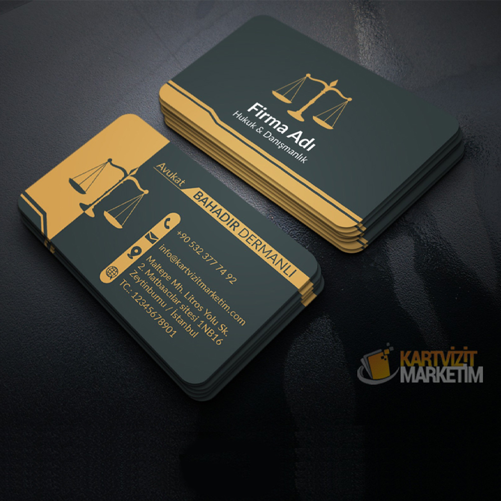 Yeşil Sarı Terazili Avukat Kartvizit Tasarımı